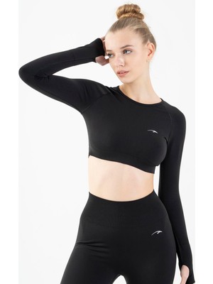 Maraton Active Kadın Seamless Bisiklet Yaka Uzun Kol Crop Top