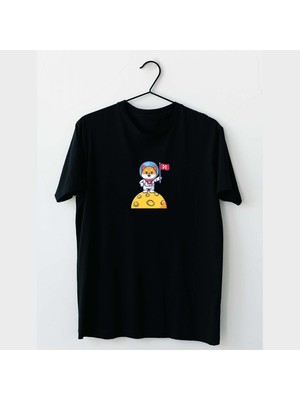 Mor Mürekkep Astronot Kedi Tasarım Baskılı Erkek Tshirt