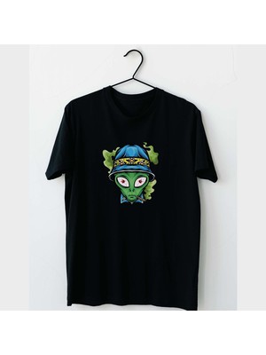 Mor Mürekkep Mavi Şapkalı Uzaylı Tasarım Baskılı Erkek Tshirt