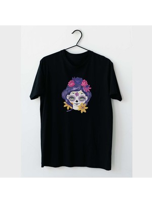 Mor Mürekkep Mor Saçlı Çiçek Kız Tasarım Baskılı Kadın Tshirt