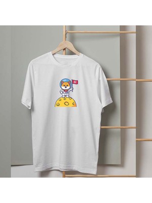 Mor Mürekkep Astronot Kedi Tasarım Baskılı Kadın Tshirt