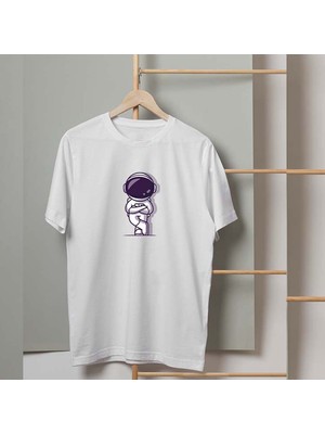 Mor Mürekkep Astronot Pozu Tasarım Baskılı Erkek Tshirt