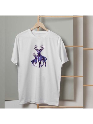 Mor Mürekkep Mor Geyikler Tasarım Baskılı Erkek Tshirt