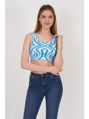 Cotton Mood 23256430 Triko Desenli Askılı Kare Yaka Atlet Mavı