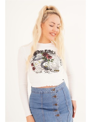 Cotton Mood 23254245 Kaşkorse Gül Baskılı Uz.kol Bluz Beyaz