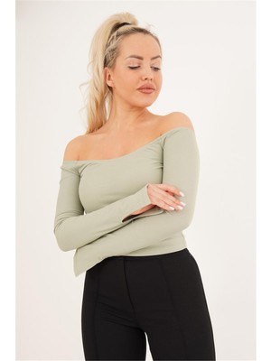 Cotton Mood 23254221 Kaşkorse Madonna Yaka Bileği Yırtmaçlı Uz. Kol Bluz Yesıl