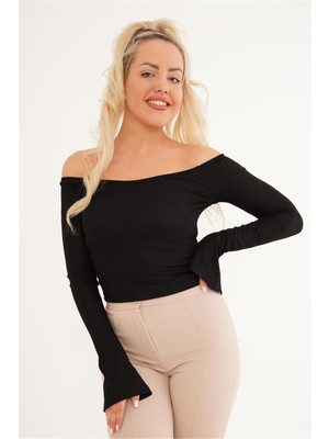 Cotton Mood 23254221 Kaşkorse Madonna Yaka Bileği Yırtmaçlı Uz. Kol Bluz Sıyah