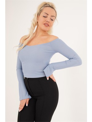 Cotton Mood 23254221 Kaşkorse Madonna Yaka Bileği Yırtmaçlı Uz. Kol Bluz Mavı