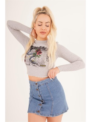Cotton Mood 23254245 Kaşkorse Gül Baskılı Uz.kol Bluz Grı