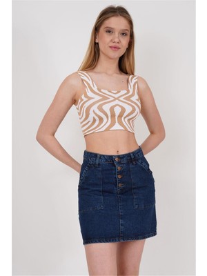 Cotton Mood 23256430 Triko Desenli Askılı Kare Yaka Atlet Bej