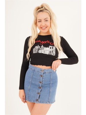 Cotton Mood 23254244 Kaşkorse Newyork City Baskılı Bluz Sıyah