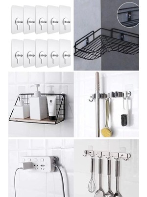 Utelips 10 Adet Kendinden Yapışkanlı Duvar Kancaları Şeffaf Raf Duvar Askıları Mutfak Banyo Vida Kanca Çivi