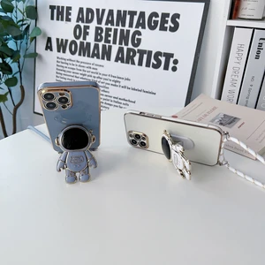 Galaxy M22 ile Uyumlu Ipli Boyun Askılı Astronot Figürlü Silikon Kılıf Pastel Renkli Epiphany Kılıf Siyah