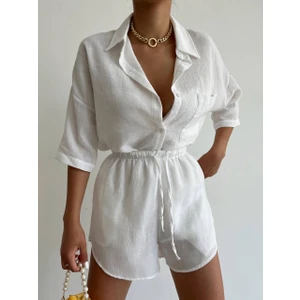 Lb Laluna Butik Kadın Beyaz Keten Kumaş Oversize Gömlek Şort Takımı