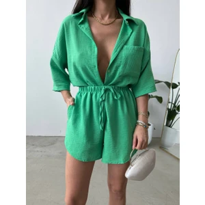 Lb Laluna Butik Kadın Yeşil Oversize Gömlek Şort Takımı
