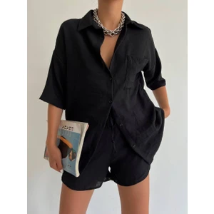 Lb Laluna Butik Kadın Siyah Keten Kumaş Oversize Gömlek Şort Takımı
