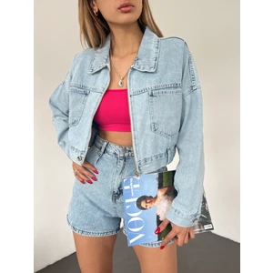 Lb Laluna Butik Kadın Fermuarlı Göğüs Cepli Crop Ceket Salaş Kesim