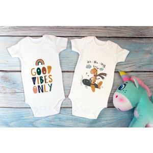 Tuğba Baby Organik %100 Pamuk Kısa Kollu Beyaz Good Vibes Ikili Bebek Body Bebek Badi Çıtçıtlı Zıbın
