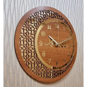 M&H Quality Ahşap ve Aynalı Allah-Muhammed Motifli Duvar Saati (Sessiz Saat)