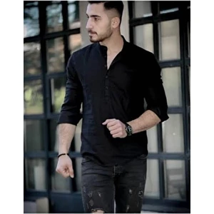 Moda Fine Erkek Siyah Hakim Yaka Keten Slim Fit Gömlek