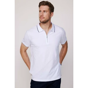 Erkek Polo Yaka Slim Fit Pamuk Fermuarlı Pike Beyaz Tişört