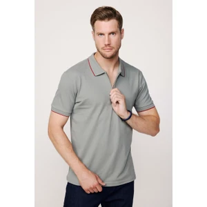 Erkek Polo Yaka Slim Fit Pamuk Fermuarlı Pike Gri Tişört