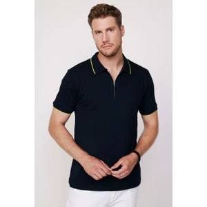 Erkek Polo Yaka Slim Fit Pamuk Fermuarlı Pike Lacivert Tişört