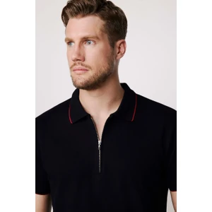 Erkek Polo Yaka Slim Fit Pamuk Fermuarlı Pike Siyah Tişört