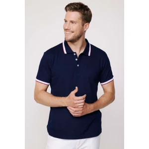 Erkek Polo Yaka Slim Fit Yaka ve Kol Şeritli Pike Lacivert Tişört
