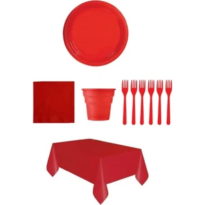 Kırmızı Renk Plastik Tabak, Bardak, Çatal, Peçete ve Tek Kullanımlık Masa Örtüsü Seti