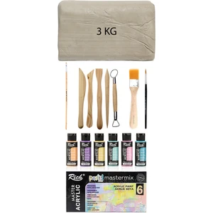 Beyaz Seramik Hamuru 3 kg Rich Master Mix Akrilik Set Pastel Renk 6lı 60CC Ebeşuar Seti Seramik Set