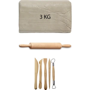 Beyaz Seramik Hamuru 3 kg Ebeşuar Seti Ahşap Merdane Kil Seti Seramik Çamuru Seti