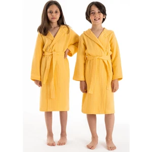Kapşonlu  Müslin Çocuk Bornoz Sarı 9/10 Yaş