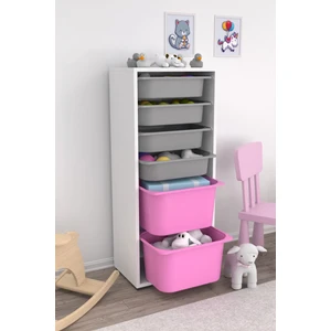 Açık Pembe Gri Sepetli Oyuncak Dolabı 2D4K