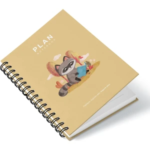 Deep Notebook Süresiz Planlayıcı Ajanda A5 Spiralli Kitap Okuyan Rakun Maskot Tasarımı
