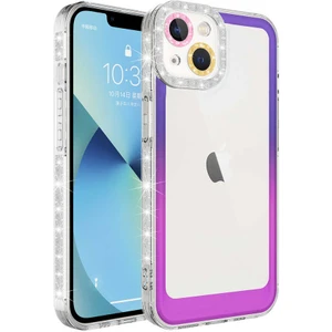 Case 4U Apple iPhone 13 Kılıf Simli ve Renk Geçiş Tasarımlı Lens Korumalı Park Kapak Mor - Pembe