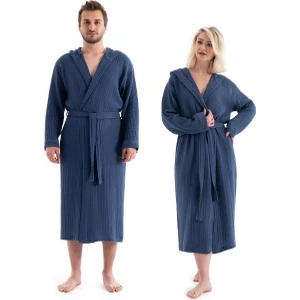 Unisex Kapşonlu 4 Kat Müslin Bornoz - Lacivert