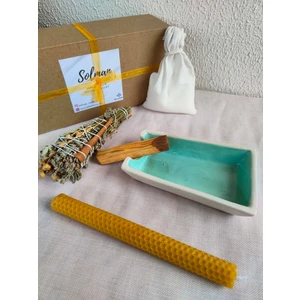 Arınma Tütsülük Set Adaçayı Lavanta Üzerlik Otu Palo Santo Tütsü Tabağı Bal Mumu Kaya Tuzu 5li Set