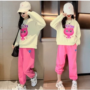 Kids Face Özel Tasarım Kittycorn Baskılı %100 Pamuk Tam Kışlık Luxury Kız Çocuk Eşofman Takımı
