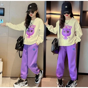 Kids Face Özel Tasarım Kittycorn Baskılı %100 Pamuk Tam Kışlık Luxury Kız Çocuk Eşofman Takımı