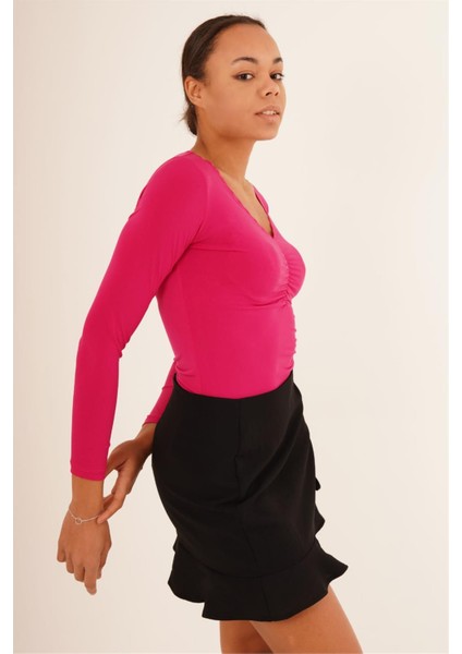 23254224 Sandy Yaka Zigzag Nakışlı Uz.kol Bluz Fusya