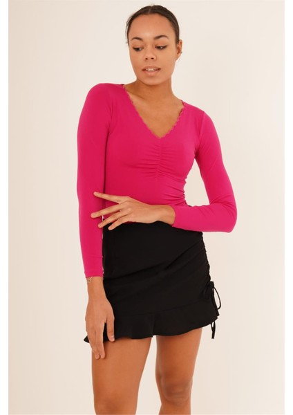 23254224 Sandy Yaka Zigzag Nakışlı Uz.kol Bluz Fusya modelleri