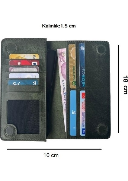 Diga Realme ile Uyumlu Mıknatıslı Cüzdan Hakiki Deri Kadın Erkek Telefon Bölmeli 10 Kartlık Para Bölmeli 18X10X2 cm Yeşil