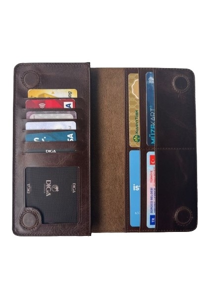 Diga Xiaomi ile Uyumlu Mıknatıslı Cüzdan Hakiki Deri Kadın Erkek Telefon Bölmeli 10 Kartlık Para Bölmeli 18X10X2 cm Koyu Kahverengi