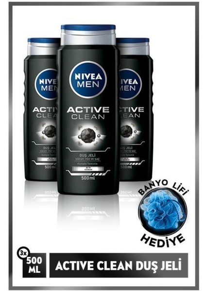 Men Active Clean Erkek Duş Jeli 500 ml x 3 Adet, Vücut ve Saç Şampuanı, Banyo Lifi Hediye fiyatları