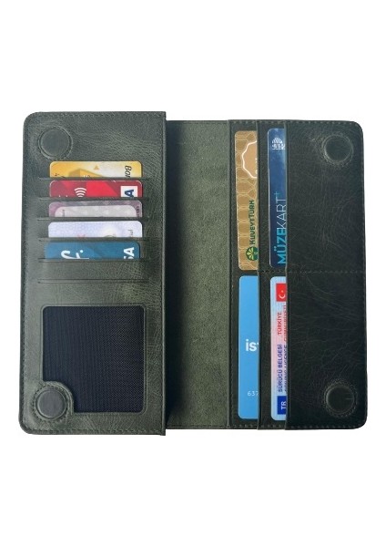 Diga Huawei ile Uyumlu Mıknatıslı Cüzdan Hakiki Deri Kadın Erkek Telefon Bölmeli 10 Kartlık Para Bölmeli 18X10X2 cm Yeşil