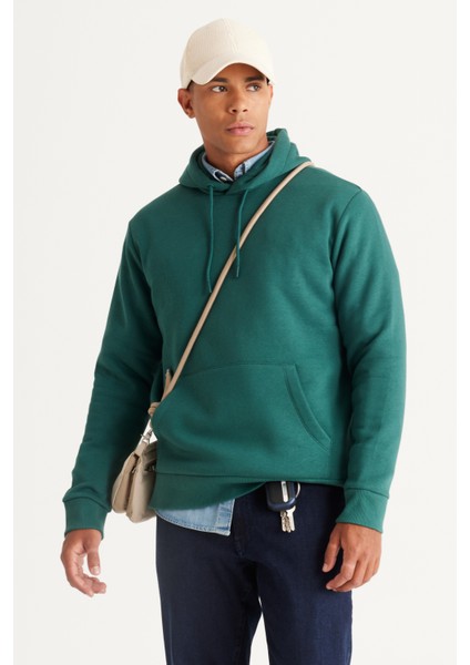 Erkek Koyu Yeşil Standart Fit Normal Kesim Içi Polarlı 3 Iplik Kapüşonlu Pamuklu Sweatshirt