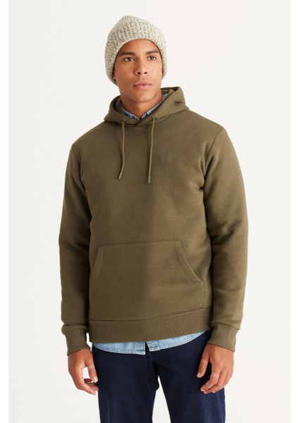 Erkek Haki Standart Fit Normal Kesim Içi Polarlı 3 Iplik Kapüşonlu Kanguru Cepli Pamuklu Sweatshirt