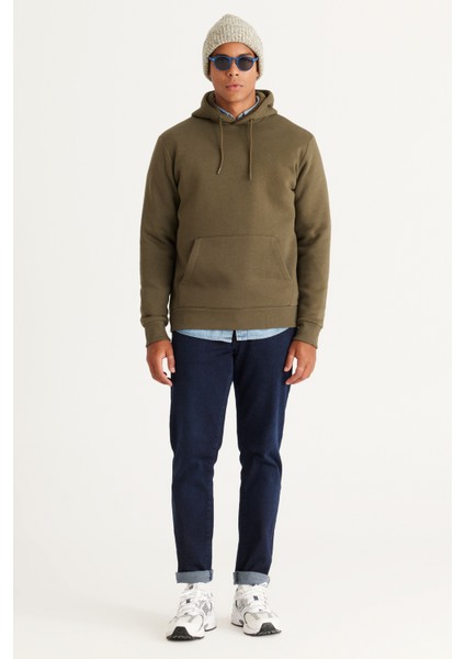 Erkek Haki Standart Fit Normal Kesim Içi Polarlı 3 Iplik Kapüşonlu Kanguru Cepli Pamuklu Sweatshirt