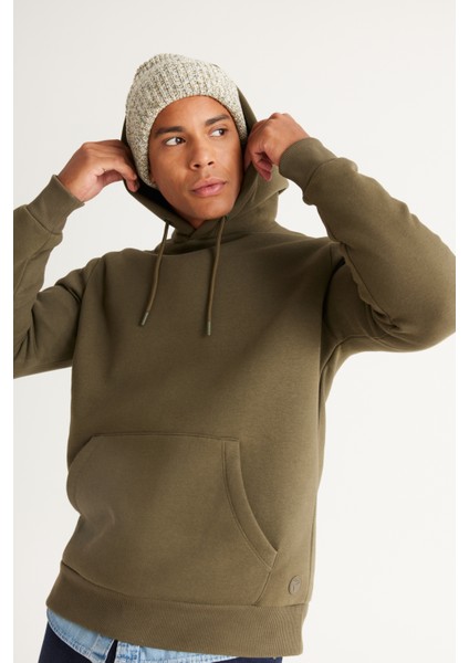 Erkek Haki Standart Fit Normal Kesim Içi Polarlı 3 Iplik Kapüşonlu Kanguru Cepli Pamuklu Sweatshirt